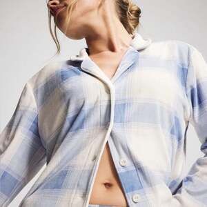 Soma Blue White Plaid Button Up Sleep Shirt Flannel Soft Cozy Loungewear Travel